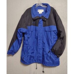 COLUMBIA Winter Coat Men's Large Black Blue Color Block, Drawstrings, Vintage?